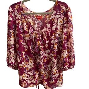 Elle Magenta Floral Ruffle V-Neck‎ Blouse 2X 3/4 Sleeve Tie Back Sheer Top